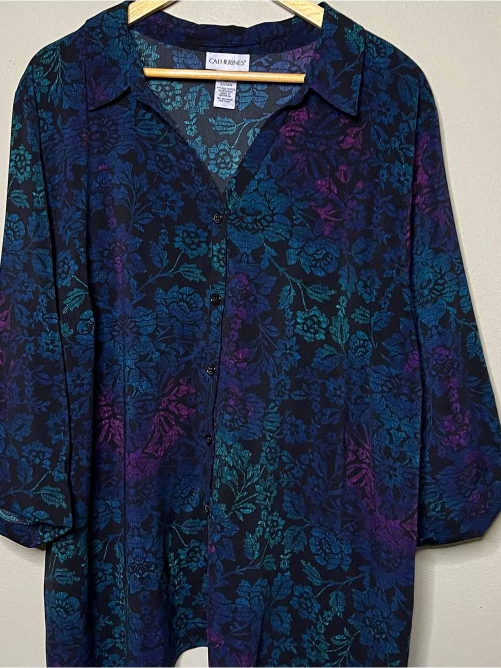 Catherines Floral Button Front Blouse Women 2X 22/24W Teal Purple V-Neck New